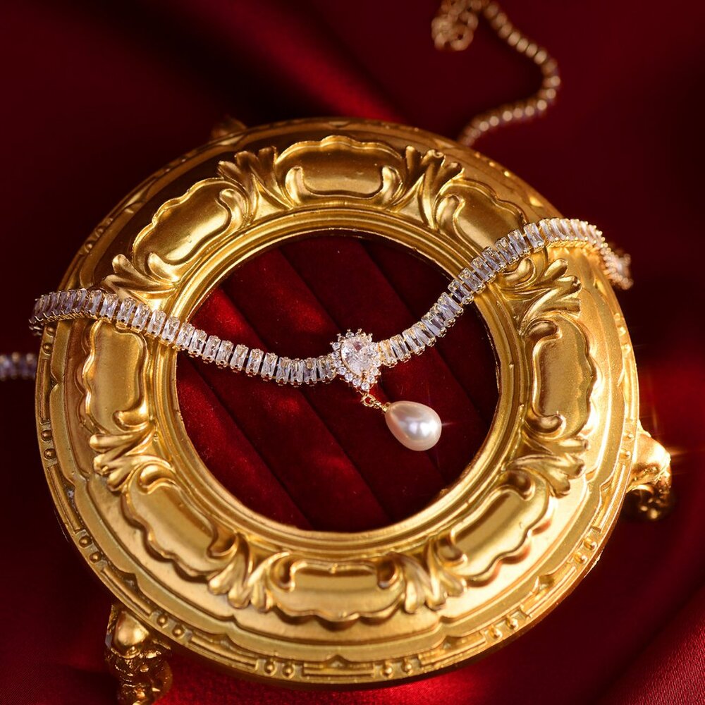 NEW 14K Gold Plated Baguette Diamond Pearl Drop Necklace - Picture 11 of 12